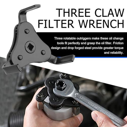 leechio Three-jawed Oil Filter Wrench, Adjustable Filter Cartridge Repair Wrench, Steel Oil System Removal Tool Replacement, Suitable for Most Cars, Trucks, SUVs (Black)