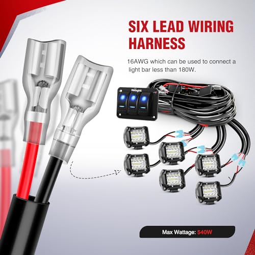 Nilight 16AWG LED Light Bar Wiring Harness Kit 12V On/Off 3 Gang LED Pod Lights Rocker Switch Panel Power Relay Fuse 5Pin Toggle for Cars Boat ATV Trucks-6 Leads - color: 3Gang Rocker Switch 16AWG Wiring Harness