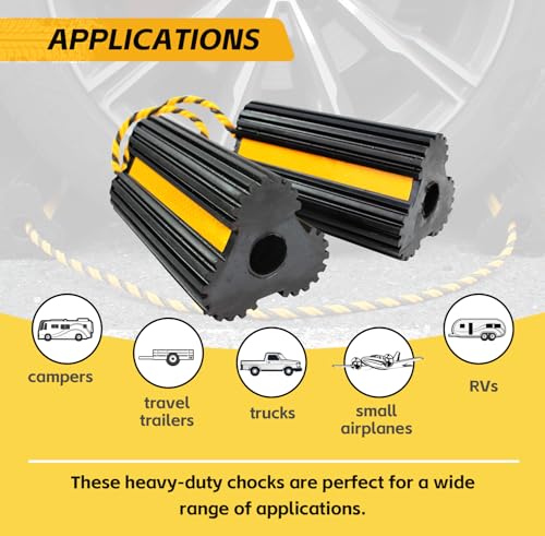 MaxxHaul 51013 Solid Rubber Wheel Chock for Travel Trailers Camper RV Truck Car Sturdiness Heavy Duty Simple Easy to use Tires Chock Block Stopper with Nylon Rope Yellow Reflective Tape 2 Pack - style: Rubber Wheel Chock - Lobe Shaped