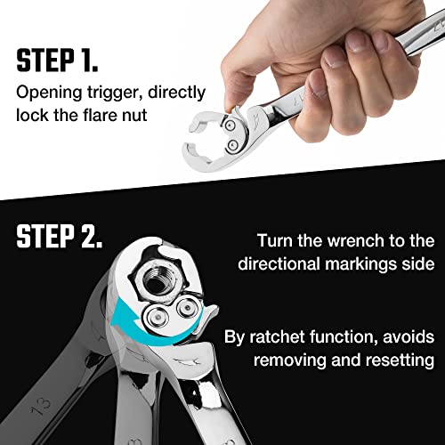 DURATECH 5-Piece Ratcheting Flare Nut Wrench Set, Metric | 10mm, 12mm, 13mm, 14mm, 17mm, CR-V Steel, Open End Wrench, Organizer Pouch Included