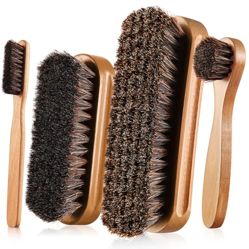 4 Pcs Horsehair Shine Shoes Brush Kit Polish Dauber Applicators Cleaning Leather Shoes Boots Care Brushes Suede Cleaner Brush with Microfiber Shoe Cloth(Wooden Style A) - style: Wooden Style A