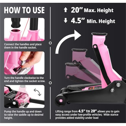 PM PERFORMOTOR Low Profile Hydraulic Trolley Service/Floor Jack, 4 Ton (8000 lbs) Capacity, Lifting Range 4.5"-20", Pink, PM-TOL-FJ40-PK - color: Pink
