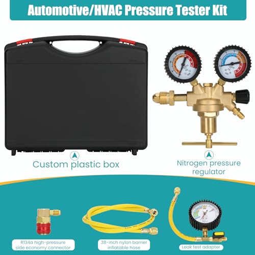 Drkerr 53010 Automotive HVAC Pressure Tester Kit, Nitrogen Pressure Regulator, Charging Hose, Leak Detection Adapter, R134a Connector, Custom Molded Plastic Boxes, Professional-Pressure Testing Tools