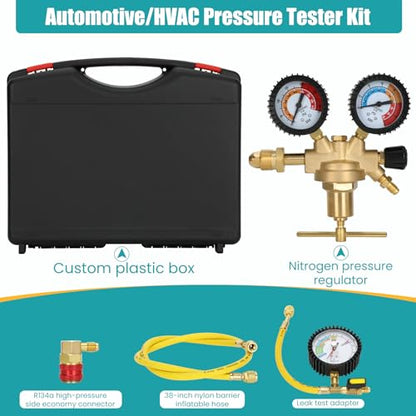 Drkerr 53010 Automotive HVAC Pressure Tester Kit, Nitrogen Pressure Regulator, Charging Hose, Leak Detection Adapter, R134a Connector, Custom Molded Plastic Boxes, Professional-Pressure Testing Tools