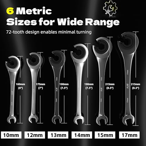 KJE 6PCS Metric 10-17mm Ratcheting Flare Nut Wrench, Brake Line Wrench Set, Ratcheting open end Tubing Wrench Set, 72-Tooth, CR-V, for Nuts on Fuel, Brake or Air Conditioning Lines, Gifts for Men