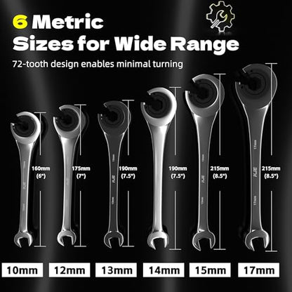 KJE 6PCS Metric 10-17mm Ratcheting Flare Nut Wrench, Brake Line Wrench Set, Ratcheting open end Tubing Wrench Set, 72-Tooth, CR-V, for Nuts on Fuel, Brake or Air Conditioning Lines, Gifts for Men
