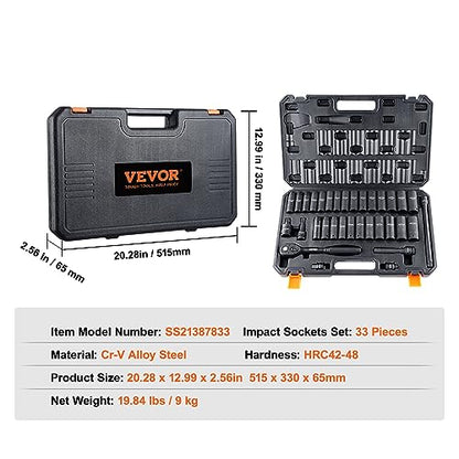 VEVOR Impact Socket Set 1/2" Drive, 33-Piece SAE (3/8 to 1 inch) & Metric (10 to 24 mm) Size, CR-V, 6 Point Standard Deep Socket Set with Extension Bar, Universal Joint, Adapter, Reducer - style: 1/2" 33PCS