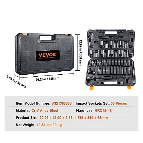 VEVOR Impact Socket Set 1/2" Drive, 33-Piece SAE (3/8 to 1 inch) & Metric (10 to 24 mm) Size, CR-V, 6 Point Standard Deep Socket Set with Extension Bar, Universal Joint, Adapter, Reducer - style: 1/2" 33PCS
