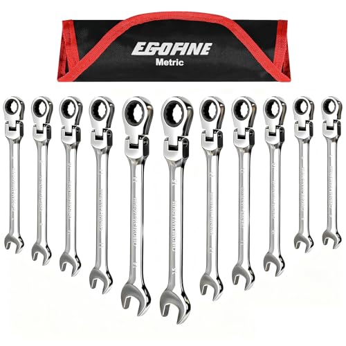 Egofine Flex Head Ratcheting Wrench Set 11 Piece, Metric Wrench Set, CR-V Steel 6-15mm Wrench, 72-Teeth Combination wrench set, Chrome plated Ratchet Wrenches Set with Tool Roll Bag - style: Metric-11 piece set