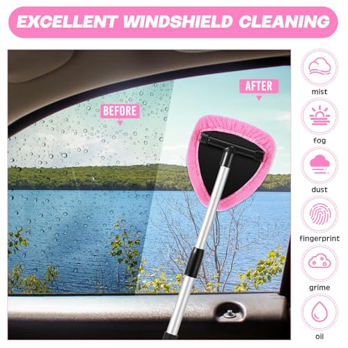 Baderke 10 Pcs Windshield Cleaner Tool Car Window Cleaning Supplies with Extendable Handle Include 6 Washable Microfiber Bonnets 2 Empty 60ml Spray Bottle Glass Wiper Kit(Pink) - color: Pink