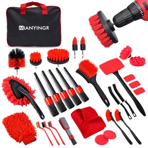 32Pcs Red Car Detailing Kit – Brush Set & Cleaning Kit with Drill Brush, Polishing/Waxing Pads, Interior/Exterior Tools for Wheels & Windshield – Portable Handbag
