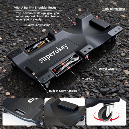 superokay Low Profile Mechanic Creeper, 40-Inch Rolling Car Creeper with Padded Headrest, 350 lbs Capacity Shop Creeper, 6 Swivel Casters & Dual Tool Trays, Heavy Duty Garage Creeper for Auto Repair