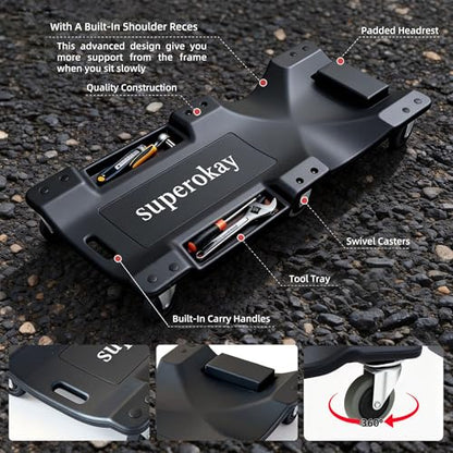 superokay Low Profile Mechanic Creeper, 40-Inch Rolling Car Creeper with Padded Headrest, 350 lbs Capacity Shop Creeper, 6 Swivel Casters & Dual Tool Trays, Heavy Duty Garage Creeper for Auto Repair