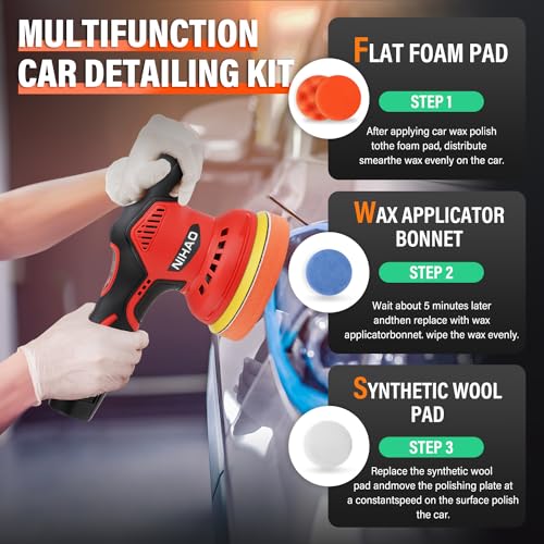 NIHAO - 5 Inch Cordless Car Buffer Polisher with 2PCS 12V 2000mAh Rechargeable Battery & Extra 15PCS Attachments, 8 Variable Speed Used for Car Detailing/Waxing