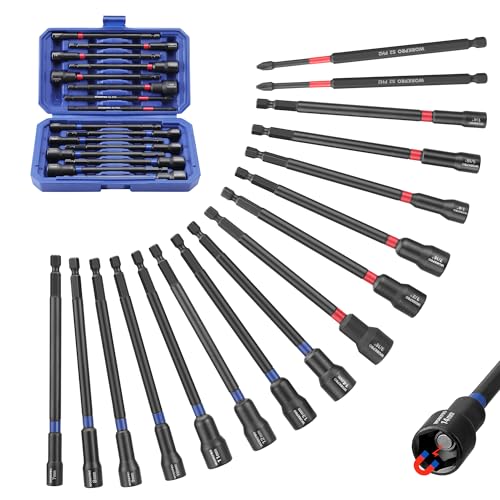 WORKPRO 16-Piece Magnetic Nut Driver Set and Bit, 6" Long Nut Drivers, Metric & SAE Nut Drivers for Impact Drill, Long Shank Nut Driver Bits, 1/4"Hex Shank, Long Power Bits, PH2, with Sturdy Tool Box - size: 16PCS Magnetic Long Nut Driver Set