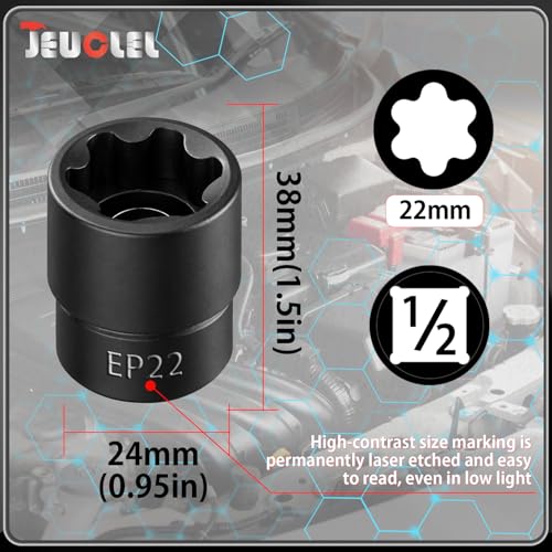 EP Socket EP22, 6 Point 1/2” Dr Female External E-Torx Plus Socket | EP Socket, Female External, E-Torx Plus Socket, External, Cr-V Steel, High Deformation Prevention - size: EP22