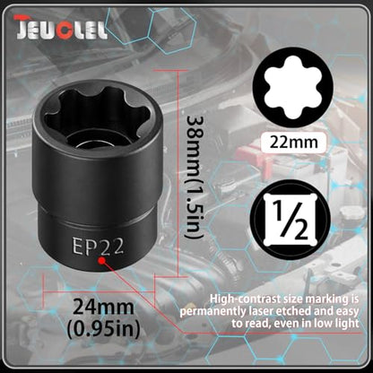EP Socket EP22, 6 Point 1/2” Dr Female External E-Torx Plus Socket | EP Socket, Female External, E-Torx Plus Socket, External, Cr-V Steel, High Deformation Prevention - size: EP22