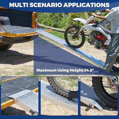 Aluminum Motorcycle Ramps & Loading Ramps for Pickup Trucks - Tri-Fold Lightweight Design for Dirt Bikes, Lawn Mowers, ATVs, 600 lb Capacity, 89"*11", 1PC, Silver