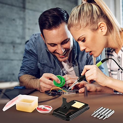 Soldering Iron Kit, Soldering Welding Iron Kit with Ceramic Heater, Portable Soldering Kit with with Tips, Solder Wick Braid, Stand, Solder Wire, Sponge, Flux Paste