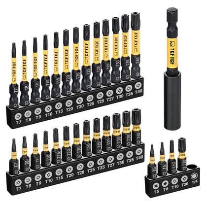 TGFTGF Impact Torx Bit Set 31PCS (T5 T6, TT7-TT40), 1” 2” S2 Steel Security Torx, Tamper Proof Star Bit Set with Magnetic CNC Machined Tips, Impact Screwdriver Bits with Bit Holder Storage Case - size: 30+1PCS