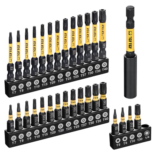 TGFTGF Impact Torx Bit Set 31PCS (T5 T6, TT7-TT40), 1” 2” S2 Steel Security Torx, Tamper Proof Star Bit Set with Magnetic CNC Machined Tips, Impact Screwdriver Bits with Bit Holder Storage Case - size: 30+1PCS