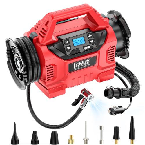 3X Faster 160PSI Cordless Air Pump Compatible with Milwaukee 18V Battery | DIYtoolifz Tire Inflator/Deflator Air Compressor with 12V Car Adapter, LCD Digital Gauge for Car, Air Mattresses (Tool Only) - color: Red