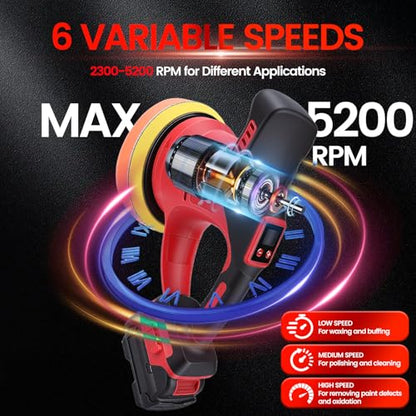 Cordless Car Buffer Polisher Kit with 2Pcs 2.0AH Batteries, Dual Action Polisher, 6 Variable Speed Waxer for Car Detailing, Scratch Removal, Car Buffing & Polishing