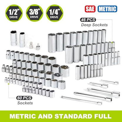 FASTPRO 249-Piece Mechanics Tool Set, 1/2", 3/8", 1/4" Socket Set, SAE and Metric Socket Wrench Set, Include Combination Wrenches, Ratchets, Hex Keys, Tool Kit for Auto Repairs and Maintenance