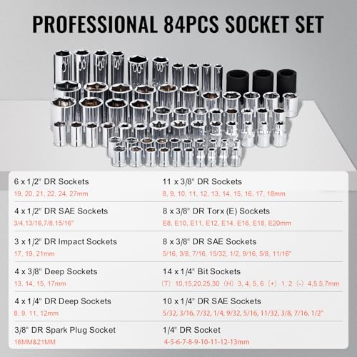 VEVOR 121-Piece Mechanics Tool Set - 1/4" 3/8" 1/2" Drive Sockets - SAE and Metric Mechanic Tool Kit with Bits - Ratchet Handle, Wrenches, Accessories, and Plastic Storage Case for Automotive Repair - size: 1/4"&3/8"&1/2", style: 121 PCS