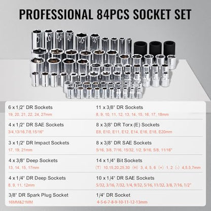 VEVOR 121-Piece Mechanics Tool Set - 1/4" 3/8" 1/2" Drive Sockets - SAE and Metric Mechanic Tool Kit with Bits - Ratchet Handle, Wrenches, Accessories, and Plastic Storage Case for Automotive Repair - size: 1/4"&3/8"&1/2", style: 121 PCS