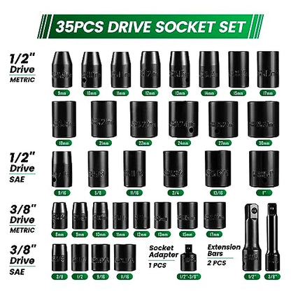 Steel Vision 35-Piece Impact Socket Set, 3/8" & 1/2" Drive Shallow SAE/Metric, 6-Point CR-V Steel Sockets with Adapter, 3" Extensions & Storage Case - size: 3/8"&1/2""_SAE&Metric_35pc