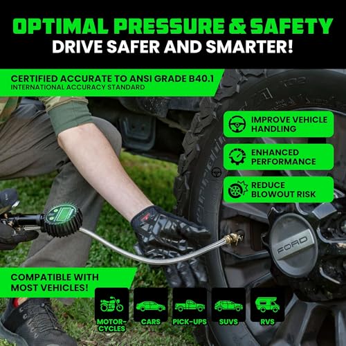 Rhino USA Digital Tire Pressure Gauge with Inflator (0-200 PSI) - 2in Dial | Heavy Duty Air Chuck & Compressor Accessories. Stainless Braided Hose, Large 2in Dial, Solid Brass Hardware. - style: 200psi Digital