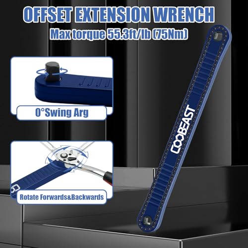 coobeast Offset Extension Wrench Impact Ready Socket Wrench Extender Tool with Versatile 1/4", 3/8", and 1/2" Square Drive Adapters, Universal Extensions Wrench for Small Place - color: Blue, size: 13.4 inch