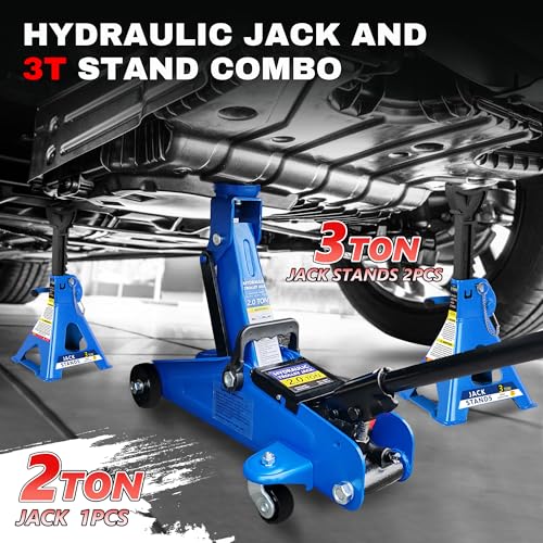 2 Ton (4000 lbs) Capacity Floor Jack Low Profile Garage Hydraulic Trolley Service Lift Floor Jack Combo with Ratchet 3 Ton Jack Stands for SUV, Car and Truck, Blue - color: 2Ton with Jack stands+Tire repair kit Blue