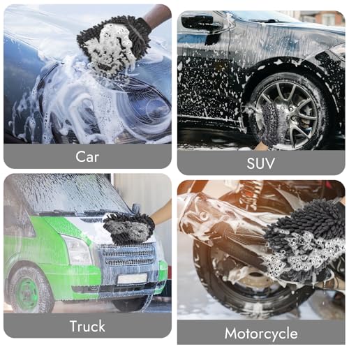 3 Pack Chenille Microfiber Car Wash Mitt, 7" x 9.6", Grey | Car Washing Mitts, Home Dusting Gloves, Scratch Free Lint-Free, Highly Absorbent, Double Sided, for Cleaning Detailing Polish - color: Grey