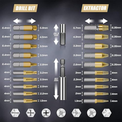 Damaged Screw Extractor Set: 22PCS Titanium Broken Bolt Extractor Kit - Easy Out Stripped Screw Extractor Kit for Easy Removal of Rusty & Broken Hardware High Speed Steel Gifts for Men