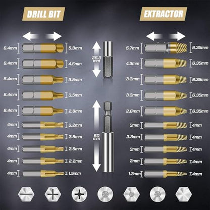 Damaged Screw Extractor Set: 22PCS Titanium Broken Bolt Extractor Kit - Easy Out Stripped Screw Extractor Kit for Easy Removal of Rusty & Broken Hardware High Speed Steel Gifts for Men