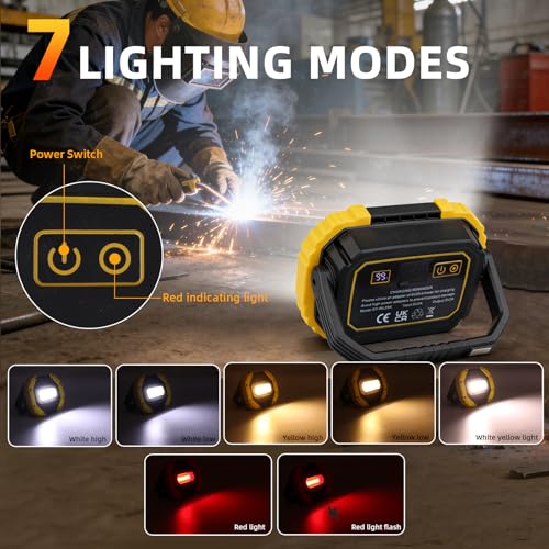 20W Rechargeable Work Light, 2000LM Super Bright Portable LED Flood Light, 7 Modes with Power Indicator, 180° Adjustable Stand Magnetic Base for Job Site, Car Repair, Camping, Outdoor - size: 5.75 inches