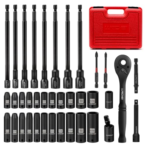 LLNDEI 1/4" Drive Socket Set & Nut Driver Set 38PCS,1/4-Inch Sockets Deep&Shallow SAE 5/32" to 9/16" with Ratchet, Hex Shank 6" Long Nut Drivers(1/4" to 9/16") for Drill Bits(PH1 PH2) - size: 38PCS SAE