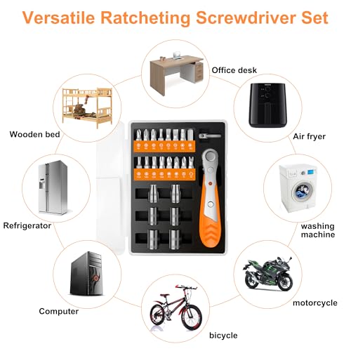 TOOLMAK Right Angle Screwdriver 24 in 1 Ratchet Screwdriver Set | Cr-V Steel, Mini Ratchet Wrench for Tight Spaces, Ideal for Bike Repair & DIY Projects - style: 24pcs Ratchet Screwdriver