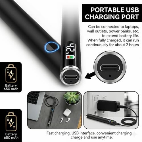 510 Thread Battery Professional Cordless Soldering Iron with LED Display Precise Temp Control USB-C Rechargeable 650mAh Electric Black Soldering Pen, Precision work/Appliance Repair, 3Speed Adjustable
