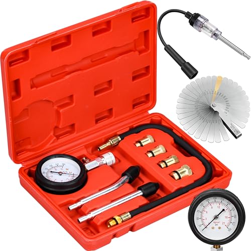 10 Pieces Engine Compression Tester kit with Spark Plug Tester and Metric Imperial Feeler Gauge for Automotives Car Motorcycle Truck with M10 M12 M14 M18 Adapters ﻿