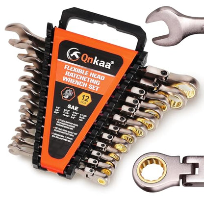Qnkaa Qnkaa12pcs Flexible Ratchet Wrenches Set SAE 1/4” to 7/8“ | Standard Spanners Gear Ring Ratcheting Combination Flex-Head Wrenches Kit with Portable Organizer Rack - style: SAE 12pcs
