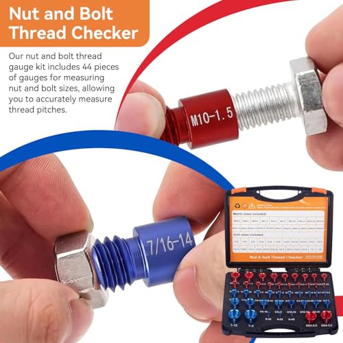 44PCS Nut and Bolt Thread Checker Standard 23 Inch & 21 Metric Bolt Nut Thread Measure Gauge Checker Box Set Bolt Size Finder for Size Check on Tricky and Narrow Area