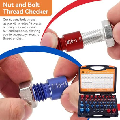 44PCS Nut and Bolt Thread Checker Standard 23 Inch & 21 Metric Bolt Nut Thread Measure Gauge Checker Box Set Bolt Size Finder for Size Check on Tricky and Narrow Area