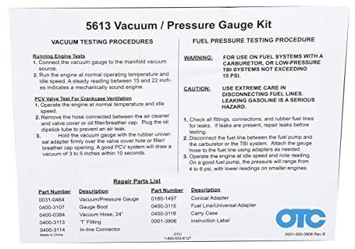 OTC 5613 Vacuum/Pressure Gauge Kit - Test Vacuum Lines, Low Pressure Fuel Systems and More - Quickly Diagnose Internal Engine Problems like Bad Rings, Valves, and Leaking Head Gaskets