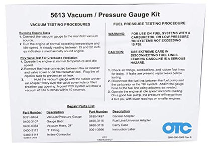 OTC 5613 Vacuum/Pressure Gauge Kit - Test Vacuum Lines, Low Pressure Fuel Systems and More - Quickly Diagnose Internal Engine Problems like Bad Rings, Valves, and Leaking Head Gaskets