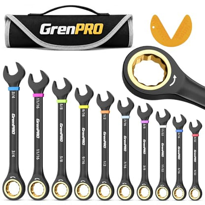 GRENPRO Ratchet Wrenches Set, Ratcheting Wrench Set With Roll Up Pouch, 11PC SAE Large Small 9/32 To 3/4 Long Open End Socket Wrench Organizer With Color Ring & Gauge, Big Combination Wrench Tool Sets - style: 11PC SAE Ratchet Wrenches Set With Color Ring
