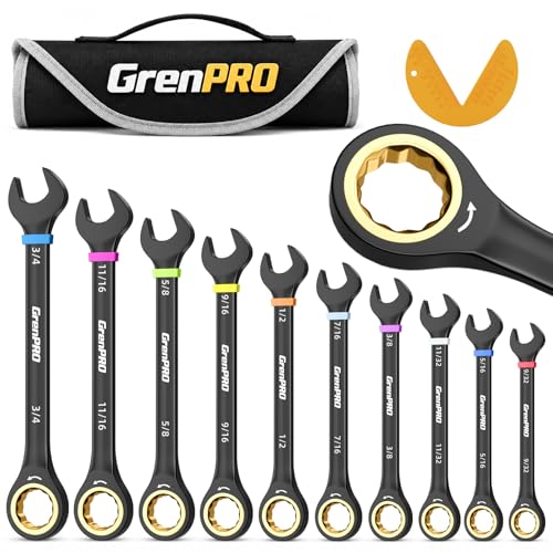 GRENPRO Ratchet Wrenches Set, Ratcheting Wrench Set With Roll Up Pouch, 11PC SAE Large Small 9/32 To 3/4 Long Open End Socket Wrench Organizer With Color Ring & Gauge, Big Combination Wrench Tool Sets - style: 11PC SAE Ratchet Wrenches Set With Color Ring