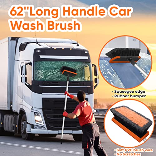 Wontolf 62'' Car Wash Brush with Long Handle, Scratch-Free Soft Bristles Sturdy Car Wash Mop, Complete Cleaning Brush Kit Wash Mitt Towel Windshield Squeegee Wheel Tire Brush for Car Truck RV Orange - color: Orange